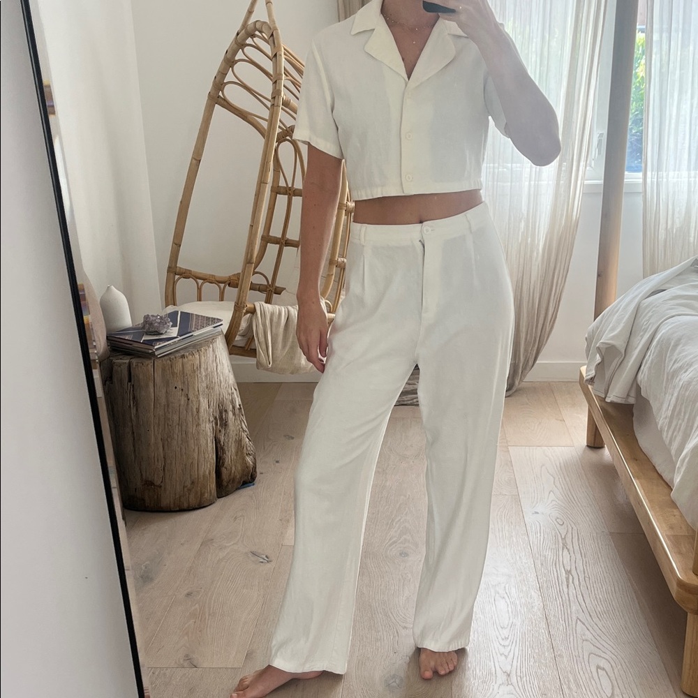 Brandy Melville White Cropped Shirt & Wide Leg Pants Set